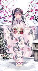 Rule 34 | 1girl, :o, bamboo fence, black hair, blush, chinese commentary, commentary, commentary request, day, english commentary, fence, floral print, flower, full body, furisode, gloves, hair ornament, highres, japanese clothes, kanzashi, kimono, kobayashi chisato, looking at viewer, mixed-language commentary, neck ribbon, obi, obiage, obijime, okobo, orange eyes, original, outstretched arms, parted lips, pink kimono, red ribbon, ribbon, sandals, sash, snow, solo, spread arms, standing, stone floor, tabi, tree, twintails, white gloves