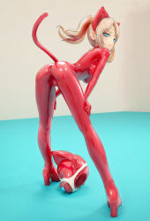 Rule 34 | 1girl, animal ears, blonde hair, blue eyes, bodysuit, commentary request, fake animal ears, fake tail, fang, full body, hands on own thighs, high heels, highres, impossible bodysuit, impossible clothes, latex, latex bodysuit, leaning forward, lock, looking at viewer, mask, unworn mask, original, padlock, red bodysuit, shiny clothes, solo, standing, tail, twintails, yumikoyama49