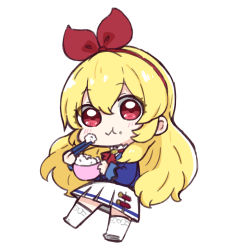 Rule 34 | 1girl, :t, aikatsu!, aikatsu! (series), blonde hair, blue jacket, boots, bowl, chibi, chopsticks, closed mouth, commentary, eating, food, food on face, full body, hair between eyes, hair ribbon, hairband, holding, holding bowl, holding chopsticks, hoshimiya ichigo, jacket, long hair, long sleeves, looking at viewer, nozo (hitomiz), pleated skirt, red eyes, red hairband, red ribbon, ribbon, rice, rice bowl, rice on face, simple background, skirt, solo, symbol-only commentary, very long hair, white background, white footwear, white skirt