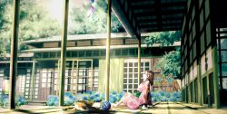 Rule 34 | 1girl, architecture, ball, brown hair, cat, clothesline, east asian architecture, floral print, flower, hydrangea, japanese clothes, kimono, looking up, original, outdoors, porch, profile, scenery, shadow, sitting, wind chime