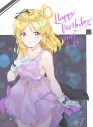 Rule 34 | 1girl, 2019, absurdres, artist name, artist request, bare shoulders, black bow, blonde hair, bow, braid, breasts, cleavage, crown braid, dress, earrings, female focus, gloves, hair bow, hair rings, hand on chest, heart, highres, jewelry, looking at viewer, love live!, love live! school idol festival, love live! sunshine!!, ohara mari, one eye closed, parted lips, purple bow, purple dress, ribbon, short hair, solo, song name, striped, striped bow, white background, white gloves, yellow eyes