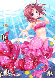 Rule 34 | 10s, 1girl, :d, angelfish, animal print, bikini, bikini top only, breasts, circle name, circlet, clownfish, commentary request, coral, earrings, fish, fish print, freediving, hand in own hair, jewelry, light rays, looking at viewer, love live!, love live! school idol festival, love live! school idol project, medium breasts, mermaid costume, midriff, navel, nishikino maki, open mouth, outstretched hand, purple eyes, red hair, sakurai makoto (custom size), seashell, shell, smile, solo, star (symbol), star print, sunbeam, sunlight, surgeonfish, swimming, swimsuit, tropical fish, underwater
