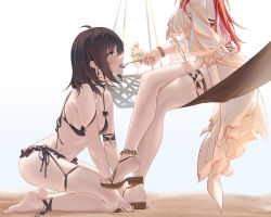 Rule 34 | 2girls, ahoge, ankle strap, anklet, arknights, arm support, bare shoulders, barefoot, bikini, black bikini, black choker, black hair, blue eyes, blue nails, bracelet, breasts, burnt clothes, cartonbox (zhixiang zhi), choker, cleavage, crossed legs, earrings, feeding, food, frilled bikini, frills, from side, full body, hammock, head out of frame, ice cream, jewelry, kneeling, large breasts, long hair, looking at viewer, looking up, medium breasts, multiple girls, nail polish, official alternate costume, open mouth, original, red hair, red nails, sandals, seiza, short hair, simple background, sitting, solo focus, spoon, sundae, surtr (arknights), surtr (colorful wonderland) (arknights), swimsuit, thigh strap, tongue, tongue out, white background, yuri