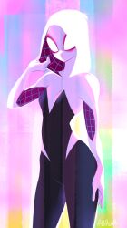 Rule 34 | 1girl, black bodysuit, blue background, bodysuit, breasts, commentary, english commentary, green background, hand up, highres, hood, hooded bodysuit, marvel, medium breasts, multicolored background, multicolored bodysuit, multicolored clothes, pink background, purple bodysuit, solo, spider-gwen, spider-man: into the spider-verse, spider-man (series), spider-verse, spider web print, standing, superhero costume, sushi pizza rrr, twitter username, white bodysuit, yellow background