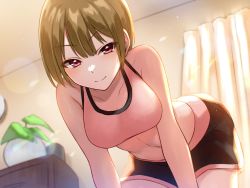 Rule 34 | 1girl, bare arms, bare shoulders, bent over, black shorts, blush, breasts, brown hair, cleavage, closed mouth, commentary request, curtains, highres, hoshimiya aki, indoors, looking at viewer, medium breasts, navel, original, red eyes, short shorts, shorts, smile, solo, sportswear