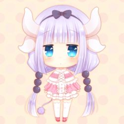 Rule 34 | 1girl, black hairband, blue eyes, blunt bangs, capelet, caramel (caramelmilk), chibi, commentary request, dragon girl, dragon horns, dragon tail, full body, hair bobbles, hair ornament, hairband, horns, kanna kamui, kobayashi-san chi no maidragon, light purple hair, long hair, looking at viewer, low twintails, polka dot, polka dot background, red footwear, solo, tail, thighhighs, thighs, twintails, white thighhighs, zettai ryouiki