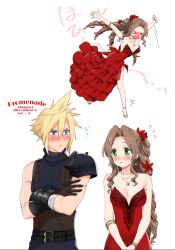 Rule 34 | &gt; &lt;, 1boy, 1girl, 2021, aerith gainsborough, aerith gainsborough (red dress), armor, arms up, bad id, bad pixiv id, bare arms, black gloves, black sweater, blonde hair, blue eyes, blush, breasts, brown hair, cleavage, cloud strife, collarbone, cropped arms, dated, dress, earrings, evening gown, eye contact, final fantasy, final fantasy vii, floating hair, flower, full body, gloves, green eyes, hair between eyes, hair flower, hair intakes, hair ornament, hair ribbon, jewelry, krudears, layered dress, long hair, looking at another, medium breasts, necklace, official alternate costume, open mouth, outstretched arms, red dress, red flower, red ribbon, ribbed sweater, ribbon, shoulder armor, side slit, sleeveless, sleeveless sweater, spiked hair, square enix, star (symbol), star earrings, star necklace, strapless, strapless dress, sweater, turtleneck, turtleneck sweater, twitter username, very long hair, wall market, watermark, white background