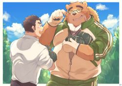 Rule 34 | animal ears, bandaid, bandaid on face, bara, bear boy, bear ears, belly, belt, blue sky, blush, border, brown hair, commentary request, closed eyes, food, furry, furry male, glasses, gloves, hand on own face, hat, highres, holding, holding food, holding vegetable, large pectorals, looking at another, male focus, protagonist 3 (housamo), multiple boys, muscular, muscular male, open mouth, outside border, pectorals, sawch cls, shirt, sky, squash, straw hat, thick eyebrows, tokyo houkago summoners, vegetable, volos (housamo), white border, zipper