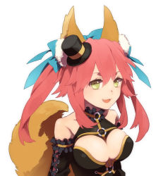 Rule 34 | 10s, 1girl, :3, animal ears, bare shoulders, bow, breasts, cleavage, cleavage cutout, clothing cutout, detached sleeves, detteyu, fang, fate/extra, fate/extra ccc, fate (series), fox ears, fox tail, hair bow, hair ribbon, hat, highres, long hair, mini hat, mini top hat, official alternate costume, pink hair, ribbon, simple background, solo, tail, tamamo (fate), tamamo no mae (fate/extra), tamamo no mae (sable mage) (fate), top hat, twintails, white background, yellow eyes