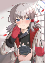 Rule 34 | 1girl, armband, azur lane, black jacket, blue eyes, blush, box, buttons, closed mouth, coat, commander (azur lane), commentary request, crying, crying with eyes open, denver (azur lane), double-breasted, falling petals, gloves, hair between eyes, hair ornament, hand up, highres, holding, holding box, hood, hooded coat, indoors, jacket, jewelry, long sleeves, looking at viewer, low twintails, medium hair, open clothes, open coat, petals, pov, pov hands, red gloves, ring, short twintails, sidelocks, silver hair, smile, solokitsune, standing, tears, twintails, upper body, wedding band, white coat, white jacket, window