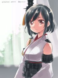 Rule 34 | 10s, 1girl, bare shoulders, black hair, detached sleeves, hair ornament, kantai collection, koruri, looking at viewer, red eyes, short hair, solo, upper body, yamashiro (kancolle)
