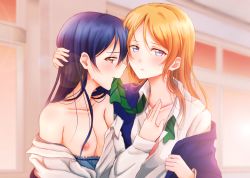 Rule 34 | 10s, 2girls, absurdres, ayase eli, bare shoulders, blonde hair, blue eyes, blue hair, breasts, brown eyes, collarbone, highres, lilylion26, love live!, love live! school idol project, mouth hold, multiple girls, necktie, nipples, small breasts, sonoda umi, yuri