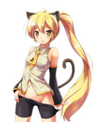 Rule 34 | 1girl, akita neru, animal ears, bare shoulders, bike shorts, bike shorts pull, blonde hair, blush, cat ears, cat tail, clothes pull, detached sleeves, groin, kemonomimi mode, long hair, navel, necktie, ponytail, pulled by self, shorts, shorts pull, simple background, solo, tail, utamaru (konomix), very long hair, vocaloid, yellow eyes, yellow necktie