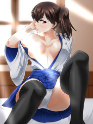 Rule 34 | 1girl, absurdres, akito (sub707), black thighhighs, blue hakama, breasts, brown eyes, brown hair, convenient censoring, hakama, hakama short skirt, hakama skirt, highres, japanese clothes, kaga (kancolle), kantai collection, large breasts, light rays, long hair, looking at viewer, no bra, open clothes, panties, side ponytail, sitting, skirt, solo, sunbeam, sunlight, thighhighs, underwear, white panties, window