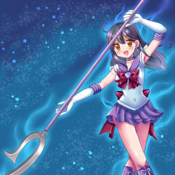 Rule 34 | 1girl, ahoge, aura, back bow, bishoujo senshi sailor moon, black hair, blush, boots, bow, breasts, brooch, brown eyes, choker, circlet, cosplay, earrings, elbow gloves, garnet rod, gloves, hair between eyes, heart, heart brooch, holding, holding polearm, holding spear, holding weapon, izumi shara, jewelry, kantai collection, long hair, medium breasts, night, open mouth, polearm, purple sailor collar, red ribbon, ribbon, sailor collar, sailor saturn, sailor saturn (cosplay), sailor senshi, sailor senshi uniform, saturn symbol, silence glaive, sky, smile, solo, spear, star (sky), star (symbol), star choker, starry sky, super sailor saturn, ushio (kancolle), weapon, white gloves