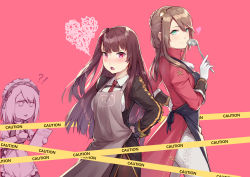 Rule 34 | 3girls, absurdres, apron, blouse, blush, bow, breasts, brown hair, caution tape, collared shirt, dress, from side, g36 (girls&#039; frontline), girls&#039; frontline, gloves, green eyes, hair bow, hair ornament, highres, jacket, lee-enfield (girls&#039; frontline), long hair, looking at another, looking at viewer, maid, maid apron, maid headdress, multiple girls, necktie, open mouth, pantyhose, pink background, purple eyes, purple hair, red background, ren huozhe, shirt, short hair, simple background, smile, tagme, wa2000 (girls&#039; frontline), white gloves, white shirt