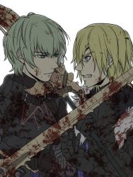 Rule 34 | 2boys, areadbhar (weapon), armor, black gloves, blonde hair, blood, blood on clothes, blood on face, bloody weapon, byleth (fire emblem), byleth (male) (fire emblem), cape, clenched teeth, dimitri alexandre blaiddyd, eyepatch, fire emblem, fire emblem: three houses, from side, fur trim, gloves, greaves, green eyes, green hair, helk0es, heroes relic (fire emblem), highres, holding, holding lance, holding polearm, holding sword, holding weapon, lance, multiple boys, nintendo, polearm, sword, sword of the creator, teeth, weapon