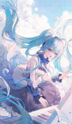 Rule 34 | 1girl, 7th dragon (series), 7th dragon 2020, absurdres, ahoge, aqua eyes, aqua hair, aqua ribbon, bare arms, bare shoulders, black dress, blue ribbon, cloud, commentary request, dress, falling feathers, feather boa, feathers, floating hair, hair between eyes, hatsune miku, highres, instrument, long hair, looking at viewer, maccha (mochancc), nail polish, open mouth, outdoors, piano, piano keys, ribbon, sheet music, shirt, sky, sleeveless, solo, teeth, twintails, upper teeth only, very long hair, vocaloid, white feathers, white shirt, wrist cuffs