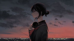 Rule 34 | 1girl, absurdres, backlighting, black eyes, black hair, black sailor collar, breasts, cable, city lights, closed mouth, cloud, commentary, donguri hello, evening, grey shirt, grey sky, hair between eyes, hand up, headphones, highres, horizon, long sleeves, looking afar, looking away, neckerchief, original, outdoors, ponytail, red neckerchief, red sky, sailor collar, school uniform, serafuku, shirt, short hair, sky, small breasts, solo, sunset, upper body