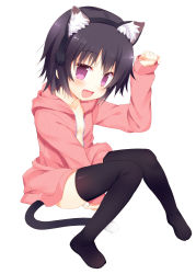 Rule 34 | 1girl, :d, animal ear fluff, animal ears, black hair, bottomless, cat ears, cat tail, coat, fake animal ears, fang, full body, hairband, hood, hoodie, meito (maze), naked coat, naked hoodie, open clothes, open mouth, original, paw pose, purple eyes, smile, solo, tail, thighhighs, zettai ryouiki