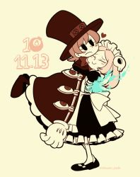 Rule 34 | 2girls, apron, bloody marie (skullgirls), blush stickers, bow, brown hair, chousen yuuki, closed eyes, dress, fire, gloves, hat, heart, hug, juliet sleeves, lifting person, long sleeves, maid, maid headdress, multiple girls, peacock (skullgirls), puffy sleeves, shoes, short hair, skullgirls, smile, tan background, top hat, twintails