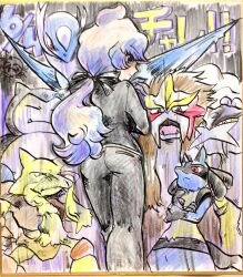 Rule 34 | 1girl, 6others, alakazam, anabel (pokemon), artist request, ass, business suit, creatures (company), entei, facial hair, fangs, formal, game freak, gen 1 pokemon, gen 2 pokemon, gen 3 pokemon, gen 4 pokemon, gloves, highres, latios, legendary pokemon, long hair, looking at viewer, looking down, lucario, matching hair/eyes, mustache, nintendo, pokemon, pokemon sm, ponytail, purple eyes, purple hair, raikou, serious, smile, snorlax, source request, suit, taut clothes, traditional media, wings