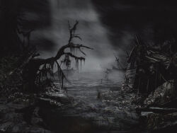 Rule 34 | abandoned, bare tree, bloodborne, boat, broken, building, cloud, commentary, crumbling, death, decay, destruction, dock, dylanca49290390, english commentary, fantasy, greyscale, harbor, highres, light rays, monochrome, moonlight, night, no humans, ocean, outdoors, post-apocalypse, rags, ruins, sailboat, scenery, seascape, ship, shipwreck, skull, sky, torn, tree, water, watercraft, wreckage