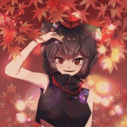 Rule 34 | 1girl, alternate color, alternate hair color, animal ears, arm up, autumn leaves, black hair, black shirt, breasts, commentary request, hat, inubashiri momiji, looking at viewer, medium breasts, midriff, open mouth, outdoors, red eyes, red hat, shirt, short hair, sleeveless, sleeveless shirt, solo, taeminhyeon, tokin hat, touhou, turtleneck, wolf ears, zipper, zipper pull tab