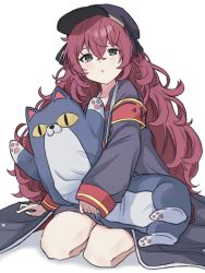 Rule 34 | 1girl, :o, animal ears, armband, black trench coat, blue archive, button shirt, cat, cat ears, cat-shaped pillow, child, coat, colored skin, curly hair, grey eyes, highres, iroha (blue archive), kneeling, long hair, pillow, red hair, red sleeve ends, red strap, simple background, trench coat, white skin, yellow eyes