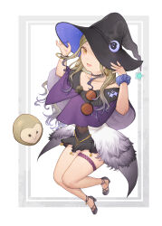 Rule 34 | 1girl, absurdres, arms up, bare legs, black footwear, black headwear, black skirt, blue scrunchie, border, bracelet, character request, collarbone, copyright request, covered navel, crescent, dress, floating, full body, fur-trimmed dress, fur trim, green hair, grey border, hat, high heels, highres, jewelry, long hair, looking at viewer, lower teeth only, miya8111, multicolored hair, one eye covered, open clothes, open dress, open mouth, purple dress, purple hair, purple nails, ring, scrunchie, skirt, solo, starry sky print, streaked hair, stuffed owl, teeth, thigh strap, two-tone hair, virtual youtuber, white background, witch hat, wrist scrunchie, yellow eyes