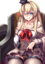 Rule 34 | 10s, 1girl, ;q, bare shoulders, blonde hair, blue eyes, blush, breasts, clothes lift, collarbone, dress, dress lift, fi-san, grey panties, grey thighhighs, heart, highres, kantai collection, large breasts, long hair, looking at viewer, off-shoulder dress, off shoulder, one eye closed, panties, sitting, smile, solo, thighhighs, thighs, tongue, tongue out, transparent background, underwear, warspite (kancolle)