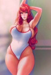 Rule 34 | 1girl, armpits, arms up, bare arms, bare shoulders, blush, breasts, cleavage, cleft of venus, curvy, freckles, green eyes, kupocun, large breasts, long hair, looking at viewer, one-piece swimsuit, outdoors, partially visible vulva, pinup (style), pussy, red hair, sideboob, solo, standing, swimsuit, thick thighs, thighs, wedgie, wide hips