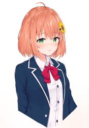 Rule 34 | 1girl, absurdres, blazer, blue jacket, blush, bow, bowtie, brown hair, buttons, closed mouth, collared shirt, cropped torso, dress shirt, flower, green eyes, hair flower, hair ornament, highres, honma himawari, jacket, long sleeves, looking at viewer, nijisanji, open clothes, open jacket, racchi., red bow, red bowtie, school uniform, shirt, short hair, sidelocks, simple background, solo, sunflower, sunflower hair ornament, virtual youtuber, white background, white shirt, wing collar