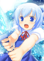 Rule 34 | 1girl, 47agdragon, blouse, blue background, blue eyes, blue hair, cirno, crystal sword, embodiment of scarlet devil, ice, matching hair/eyes, shirt, solo, sword, touhou, weapon, white shirt, wings