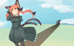 Rule 34 | 1girl, absurdres, animal ears, black pantyhose, blouse, bow, braid, cat, cat ears, cat tail, cloud, cloudy sky, cowboy shot, day, different shadow, hair bow, hand in own hair, highres, kaenbyou rin, long hair, multiple tails, nekomata, pantyhose, red eyes, red hair, shirt, sketch, skirt, skirt set, sky, smile, solo, standing, tail, tokoname, touhou, twin braids, two tails