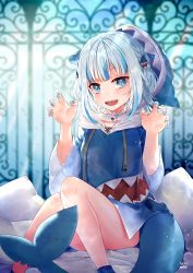 Rule 34 | 1girl, absurdres, animal costume, animal hood, blue eyes, blue hair, blue hoodie, blunt bangs, blurry, blurry background, claw pose, fins, fish tail, gawr gura, gawr gura (1st costume), highres, hololive, hololive english, hood, hoodie, lili mdoki, looking at viewer, nail polish, open mouth, shark costume, shark hood, shark tail, sharp teeth, sitting, solo, tail, teeth, virtual youtuber