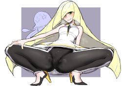 Rule 34 | 1girl, absurdres, blonde hair, blush, breasts, cameltoe, commentary, creatures (company), diamond (shape), dress, game freak, gen 7 pokemon, green eyes, hair over one eye, high heels, highres, ichigai (hayawossan), leggings, long hair, looking at viewer, lusamine (pokemon), nail polish, nihilego, nintendo, parted lips, pokemon, pokemon sm, short dress, sleeveless, sleeveless dress, smile, spread legs, steam, sweat, ultra beast, very long hair, white dress, yellow nails