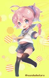 Rule 34 | 10s, 1girl, age difference, age regression, aged down, aoba (kancolle), bandana, blush, kantai collection, microphone, no shoes, open mouth, pink hair, ponytail, purple eyes, sailor collar, school uniform, short hair, shorts, simple background, smile, solo, suzuho hotaru, thighhighs