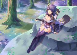 Rule 34 | 1girl, absurdres, black gloves, closed mouth, dress, elbow gloves, full body, genshin impact, gloves, highres, japanese clothes, long hair, looking up, no shoes, petals, purple eyes, purple hair, purple thighhighs, raiden shogun, sitting, smile, solo, t zhonglang, thighhighs