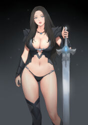 Rule 34 | 1girl, armor, black hair, breasts, feet out of frame, female focus, large breasts, long hair, solo, standing, warrior, weapon