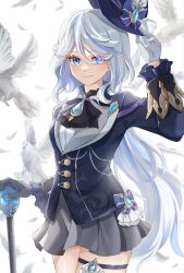 Rule 34 | 1girl, anemonaris, ascot, asymmetrical gloves, bird, black ascot, blue bow, blue eyes, blue hair, blue hat, blue jacket, bow, brooch, commentary request, cowboy shot, furina (genshin impact), genshin impact, gloves, grey gloves, grey hair, grey skirt, hair between eyes, hand grab, hat, hat bow, highres, jacket, jewelry, long hair, long sleeves, looking at viewer, miniskirt, mismatched gloves, multicolored hair, partial commentary, skirt, smile, solo, standing, streaked hair, thigh strap, thighs, very long hair, white background, white gloves