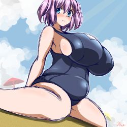 Rule 34 | 1girl, 2014, arm support, arms behind back, beach, beach umbrella, belly, blue eyes, blue one-piece swimsuit, breasts, cloud, cloudy sky, embarrassed, feet out of frame, female focus, from below, frown, fupa, huge breasts, legs apart, looking to the side, meat day, medium hair, on ground, one-piece swimsuit, original, outdoors, pink hair, plump, school swimsuit, sideboob, signature, sitting, sky, solo, spread legs, swimsuit, tears, thighs, twintails, two side up, umbrella, wariza, yue (show-ei)