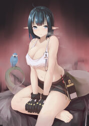 Rule 34 | 1girl, absurdres, ahoge, arknights, bare arms, bare legs, bare shoulders, barefoot, belt, bird, black gloves, black hair, blue bird, blue eyes, breasts, bright pupils, brown belt, brown shorts, cleavage, closed mouth, crop top, eunectes (arknights), eunectes (forgemaster) (arknights), foot out of frame, furrowed brow, gloves, hair between eyes, hands on own leg, highres, large breasts, light blush, looking at viewer, medium hair, midriff, navel, painnico, pointy ears, short shorts, shorts, sitting, snake tail, solo, steam, sweat, tail, tank top, toes, underboob, white pupils, white tank top