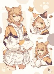 Rule 34 | 1girl, 9yuki, :d, animal, animal ears, animal hood, blonde hair, bottle, braid, buttons, cable knit, cat, cat ears, cat hood, cat tail, chibi, commentary, cropped legs, cropped torso, crown braid, facial mark, fat cat (ff14), final fantasy, final fantasy xiv, fingerless gloves, gloves, green eyes, grin, hand up, highres, holding, holding animal, holding bottle, holding cat, hood, hood down, hood up, hoodie, long sleeves, looking at viewer, milk bottle, miqo&#039;te, mole, mole under eye, multiple views, notice lines, one eye closed, open mouth, outline, paw print, pocket, puffy long sleeves, puffy sleeves, short hair, single braid, sleepy, sleeves past fingers, sleeves past wrists, smile, squeans, standing, swept bangs, symbol-only commentary, tail, two-tone background, warrior of light (ff14), white gloves, white hoodie, white outline