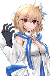 Rule 34 | 1girl, absurdres, ahoge, archetype earth, arcueid brunestud, bare shoulders, black gloves, blonde hair, breasts, cleavage, commentary, detached sleeves, dress, fate/grand order, fate (series), gloves, highres, looking at viewer, medium breasts, red eyes, simple background, solo, strapless, strapless dress, take978733141, white background, white dress