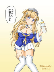 Rule 34 | 1girl, baby bottle, blonde hair, blue shirt, bottle, breasts, cleavage, dated, double bun, feet out of frame, fletcher (kancolle), geru, gradient background, hair bun, hair ornament, hairband, holding, kantai collection, knees together feet apart, large breasts, long hair, off shoulder, one-hour drawing challenge, pleated skirt, purple eyes, sailor collar, school uniform, serafuku, shirt, skirt, solo, star (symbol), star hair ornament, thighhighs, translation request, twitter username, white background, white sailor collar, white skirt, white thighhighs, yellow background