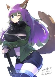 absurdres animal_ears arknights belt belt_buckle boots buckle commission cosplay dog_ears dog_girl dog_tail gavial_(arknights) green_hair green_jacket highres jacket kolaytoh midriff midriff_peek multicolored_hair navel one_eye_closed purple_hair skeb_commission solo staff tail thigh_boots thighhighs zipper