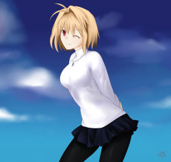 Rule 34 | 00s, 1girl, ;), akatsuki (mp31097), arcueid brunestud, arms behind back, black pantyhose, blonde hair, blue sky, breasts, cowboy shot, day, highres, jewelry, looking at viewer, medium breasts, miniskirt, mp31097, one eye closed, pantyhose, pendant, red eyes, short hair, skirt, sky, smile, solo, sweater, tsukihime, tsukihime (remake), turtleneck