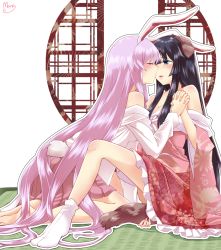Rule 34 | 2girls, animal ears, artist name, bare shoulders, barefoot, black eyes, black hair, blush, breasts, rabbit ears, rabbit tail, cleavage, commentary request, closed eyes, own hands clasped, highres, houraisan kaguya, imminent kiss, japanese clothes, kemonomimi mode, kimono, large breasts, long hair, mana (tsurubeji), multiple girls, off shoulder, outline, own hands together, parted lips, petticoat, pink hair, pink kimono, pink skirt, profile, reisen udongein inaba, seiza, shirt, sidelocks, signature, simple background, sitting, skirt, socks, tail, tatami, thighs, touhou, very long hair, white background, white legwear, white outline, white shirt, yuri