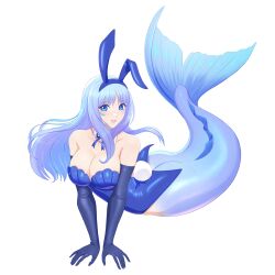 Rule 34 | 2023, absurdres, arm support, ass, blue eyes, blue hair, breasts, fins, gloves, happy new year, highres, hime cut, kiria021, leotard, long hair, medium breasts, mermaid, monster girl, new year, original, patterned background, playboy bunny, ribbon, smile, transparent background
